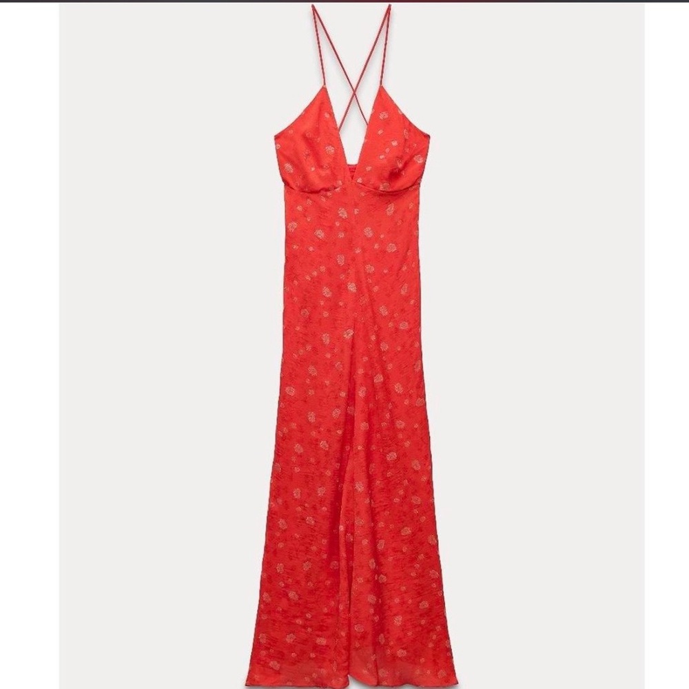 Zara Red Maxi Slip Dress with Gold Floral Print